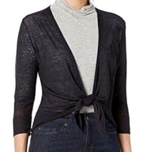 Eileen Fisher Linen blend metallic thread tie‎ front cardigan 3/4 sleeve medium